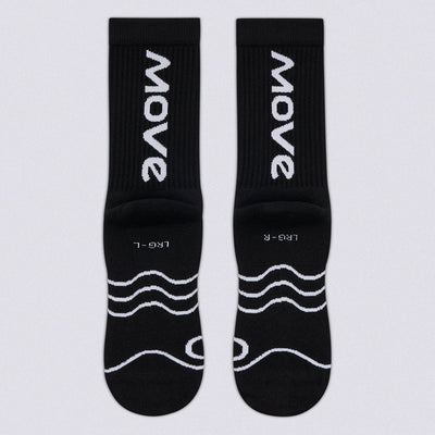 A pair of black crew socks with white printed branding and wave graphics, displayed flat against a light gray background.