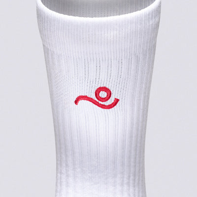 A white ribbed athletic sock with a red stylized logo on the side, shown against a light gray background.