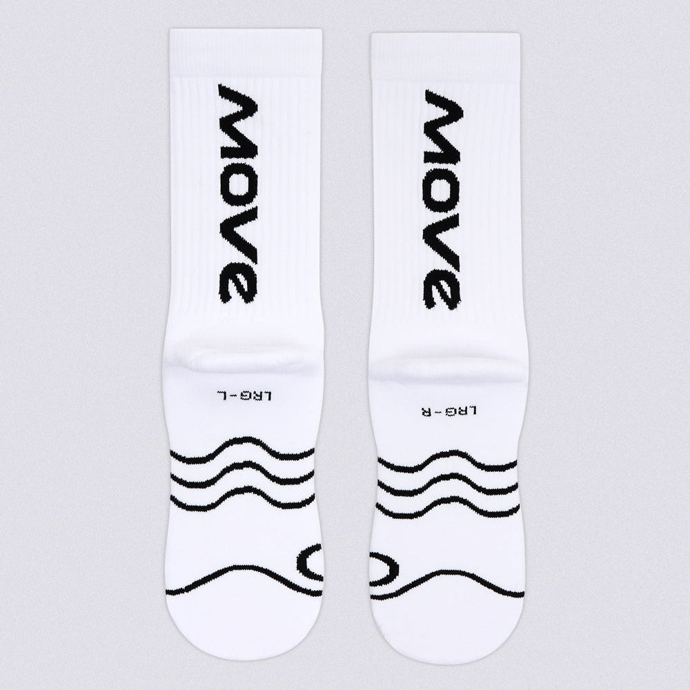 A pair of white crew socks with black printed text and wave graphics, displayed side-by-side on a light gray background.