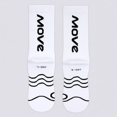A pair of white crew socks with black printed text and wave graphics, displayed side-by-side on a light gray background.